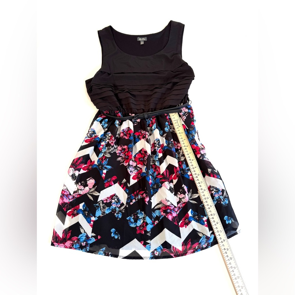 Lily Rose Black and Multicolor Chevron Floral Chiffon Fit and Flare Dress - Picture 12 of 13